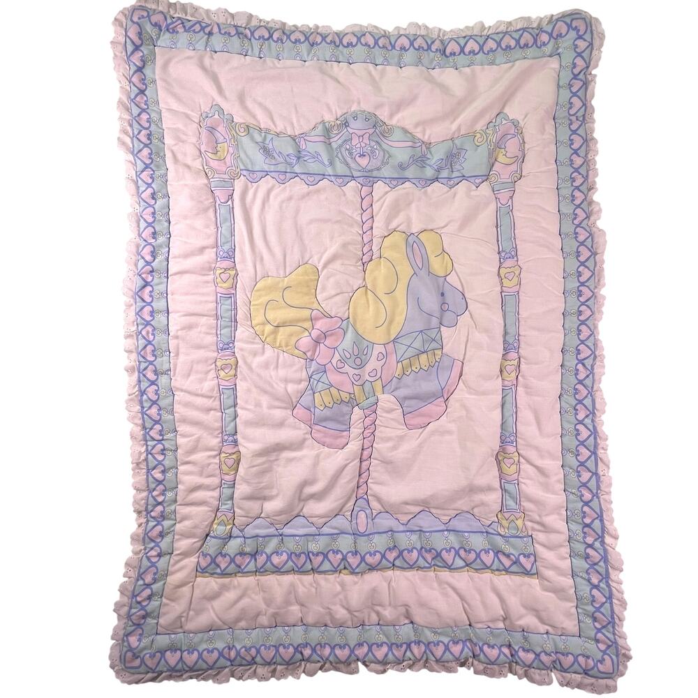 Vintage 80s 90s Baby Quilt Carousel Horse Merry Go Round Pink Lace Crib Blanket